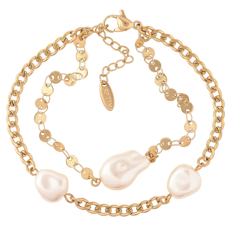 Браслет Xuping ТТМ Stainless Steel цвет 14К Цепочка двойная с жемчужными бусинами с доп.цеп 19-22см х 7мм фото №4