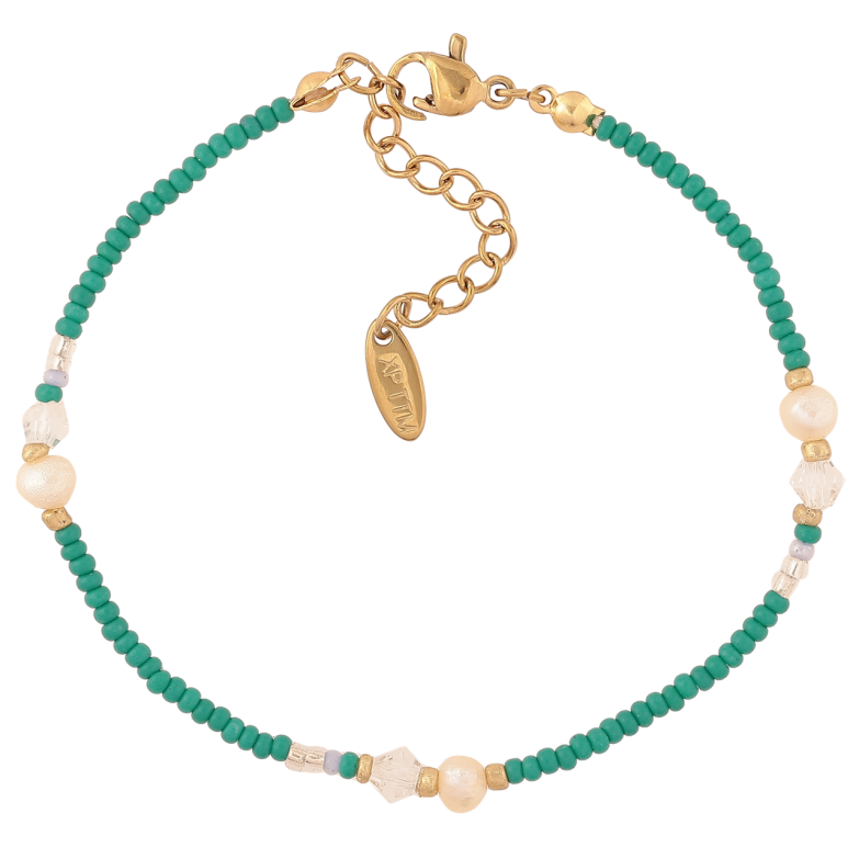 Браслет Xuping ТТМ Stainless Steel колір 14К «Зелений бісер з перловими намистинами» з доп.ланцюгом 17.5-20.5см х 2мм фото №1