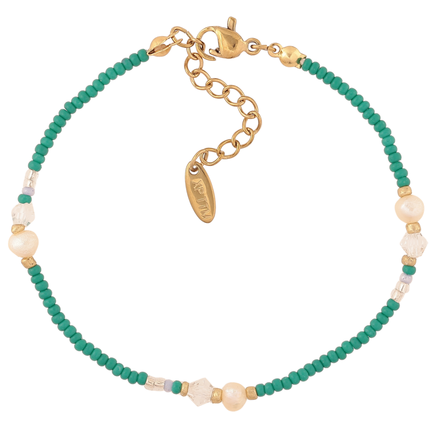 Браслет Xuping ТТМ Stainless Steel колір 14К «Зелений бісер з перловими намистинами» з доп.ланцюгом 17.5-20.5см х 2мм фото №1