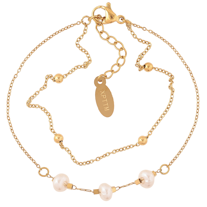 Браслет Xuping ТТМ Stainless Steel колір 14К «Подвійний ланцюжок з перловими намистинами» з доп.ланцюгом 17-19.5см х 2мм фото №1