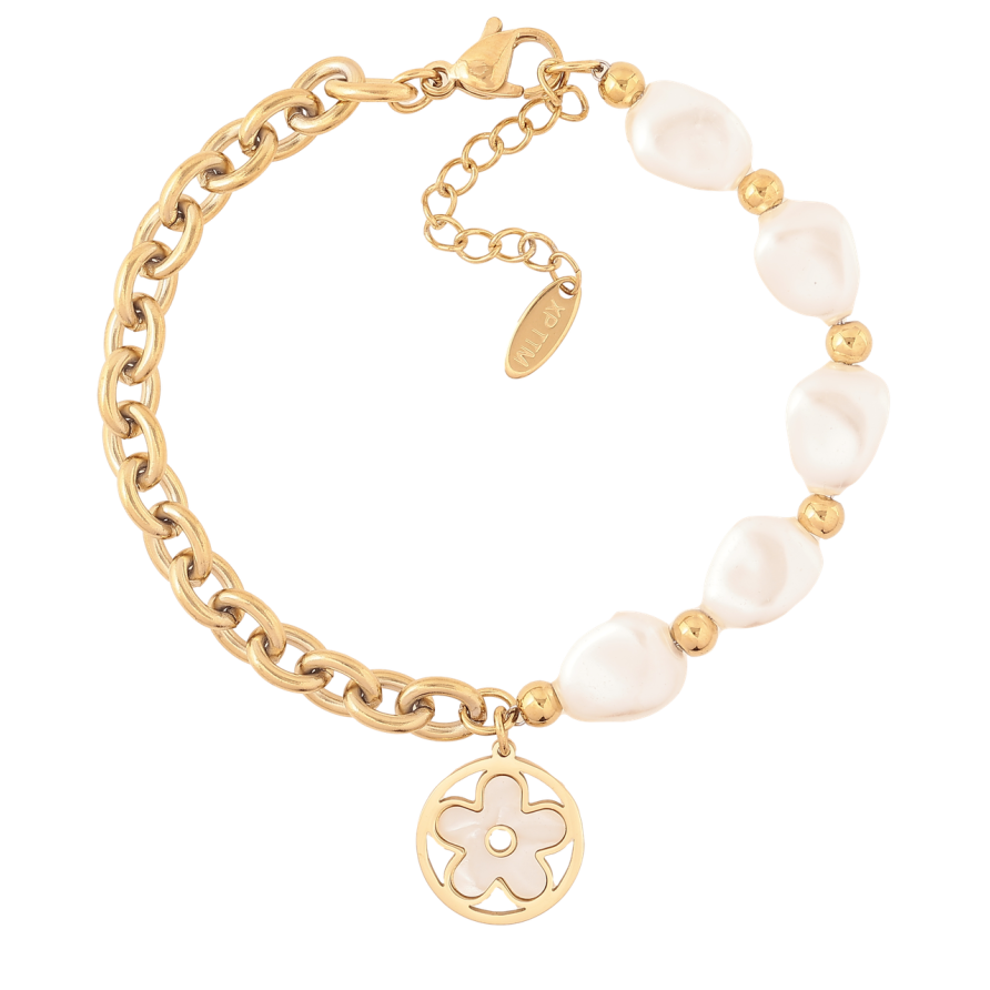 Браслет Xuping ТТМ Stainless Steel колір 14К «Ланцюжок з перловими намистинами і квіточкою» з доп.ланцюгом 18-21см х 6мм фото №1