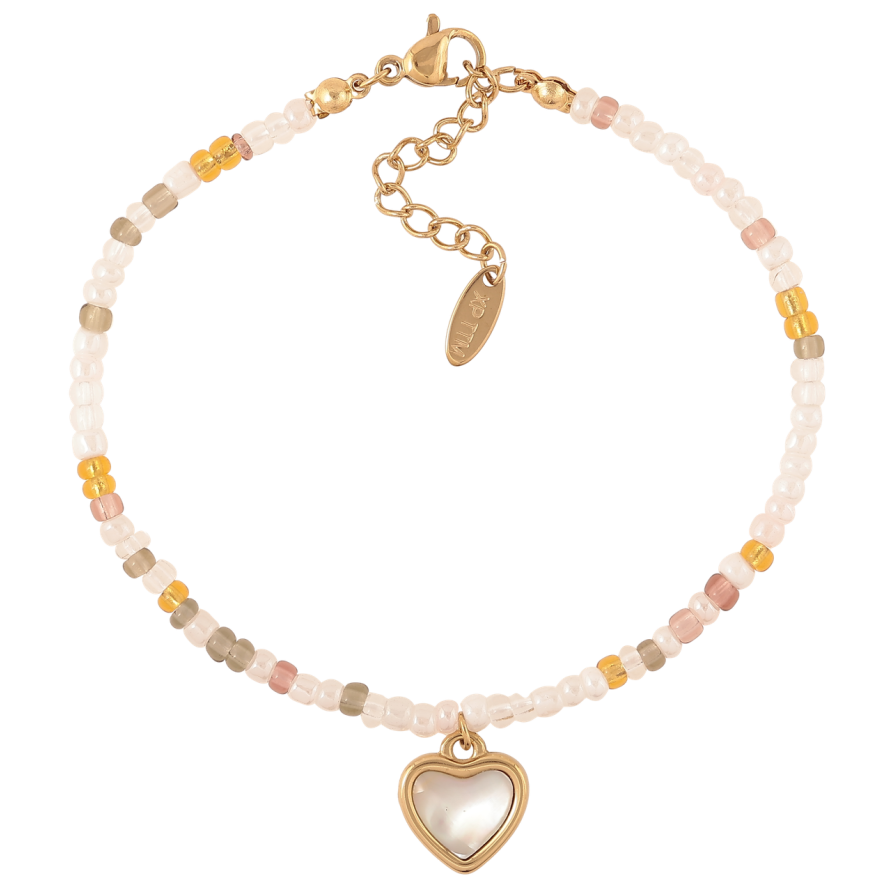 Браслет Xuping ТТМ Stainless Steel цвет 14К Цветной бисер с перламутровым сердечком с доп.цеп 19-23см х 3мм фото №1