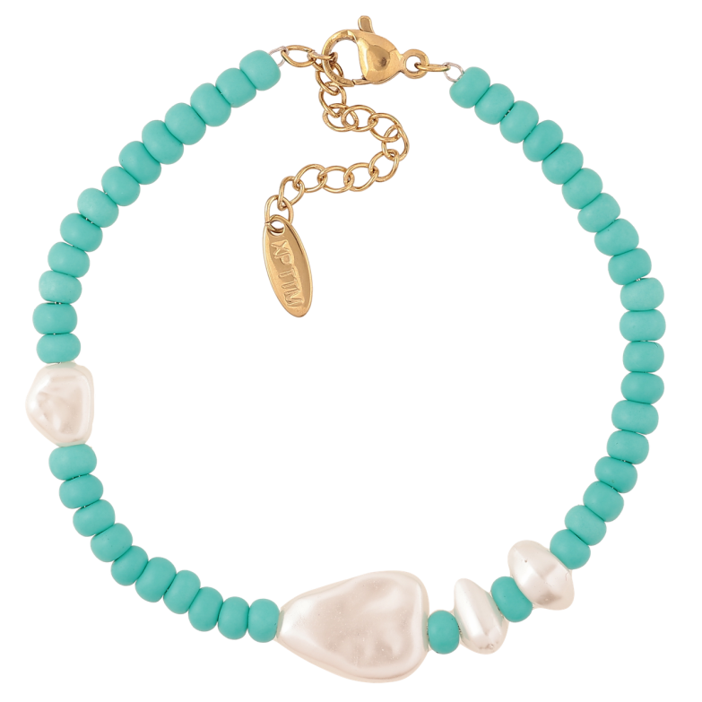 Браслет Xuping ТТМ Stainless Steel колір 14К «Бірюзові та перлинні намистини» з доп.ланцюгом 17-20.5см х 4мм фото №2