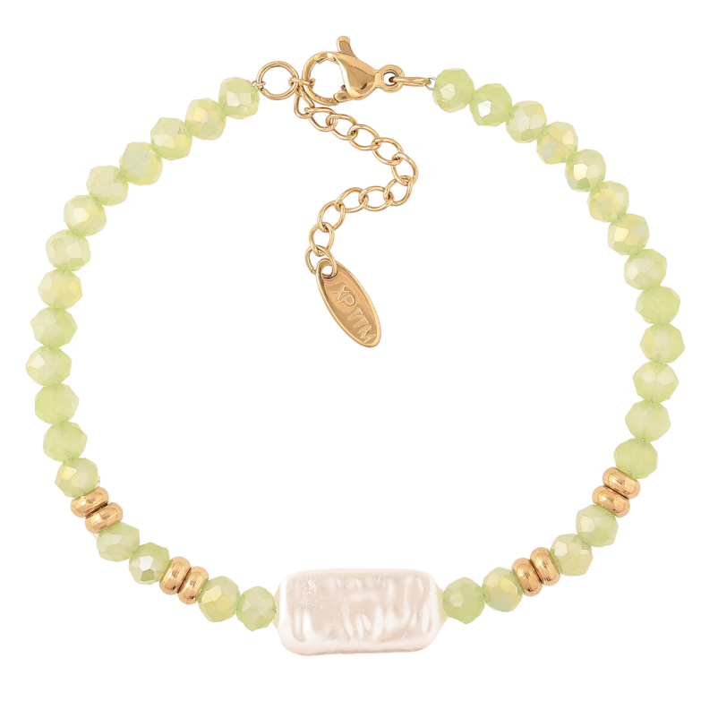 Браслет Xuping ТТМ Stainless Steel колір 14К «Салатові та перлинні намистини» з доп.ланцюгом 17.5-21см х 4мм фото №1