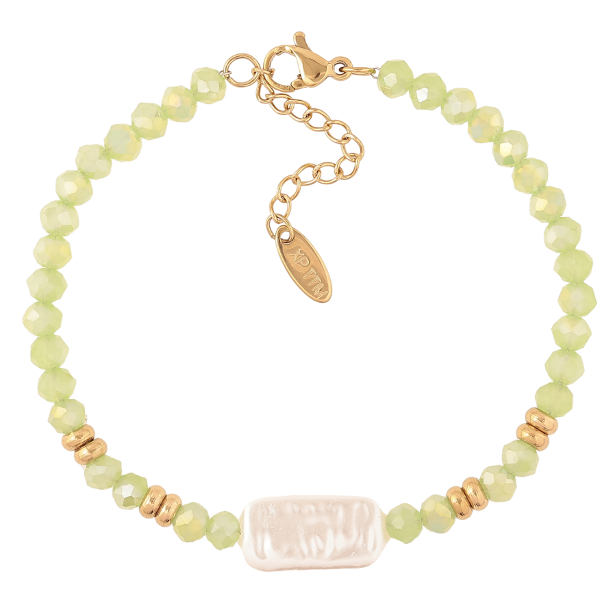 Браслет Xuping ТТМ Stainless Steel колір 14К «Салатові та перлинні намистини» з доп.ланцюгом 17.5-21см х 4мм фото №1