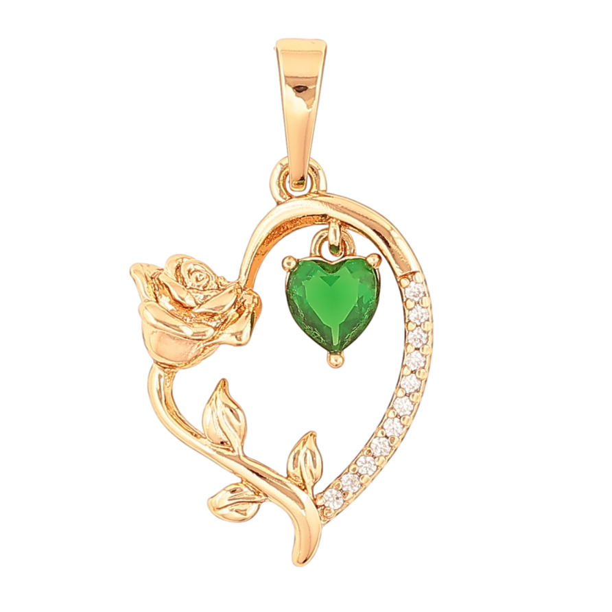 Кулон Xuping Позолота 18K «Серце з трояндою та зеленим кришталевим сердечком» для ланцюжка до 6мм фото №1