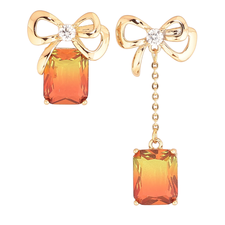 Серьги Xuping Позолота 18K пусеты Ассиметричные банты с желто-красными кристаллами фото №4