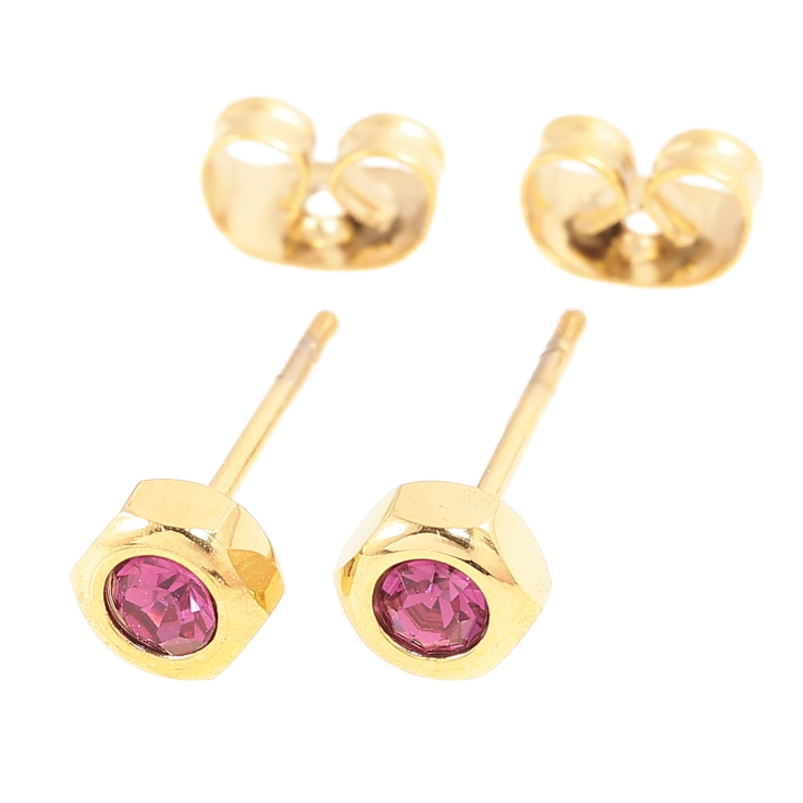 Сережки Xuping TTM Stainless Steel колір 14К пусети «Шестигранники з малиновими кристалами» ø 5мм фото №12