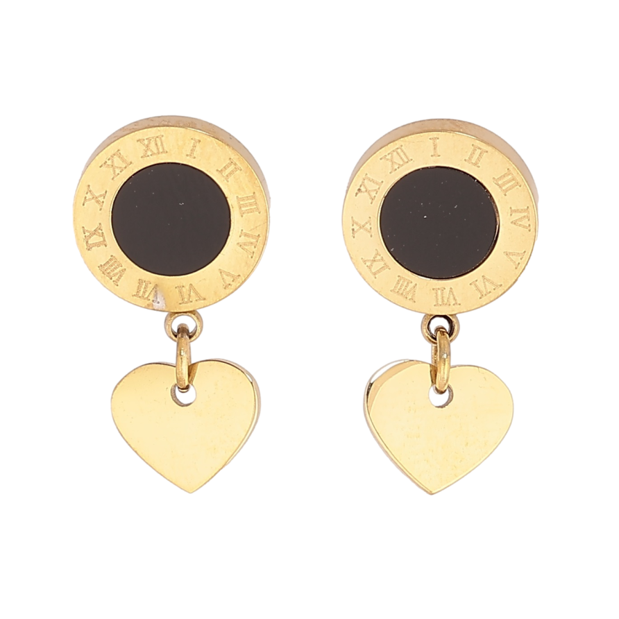 Сережки Xuping TTM Stainless Steel колір 14К пусети «Циферблати з чорними вставками та сердечками» фото №1