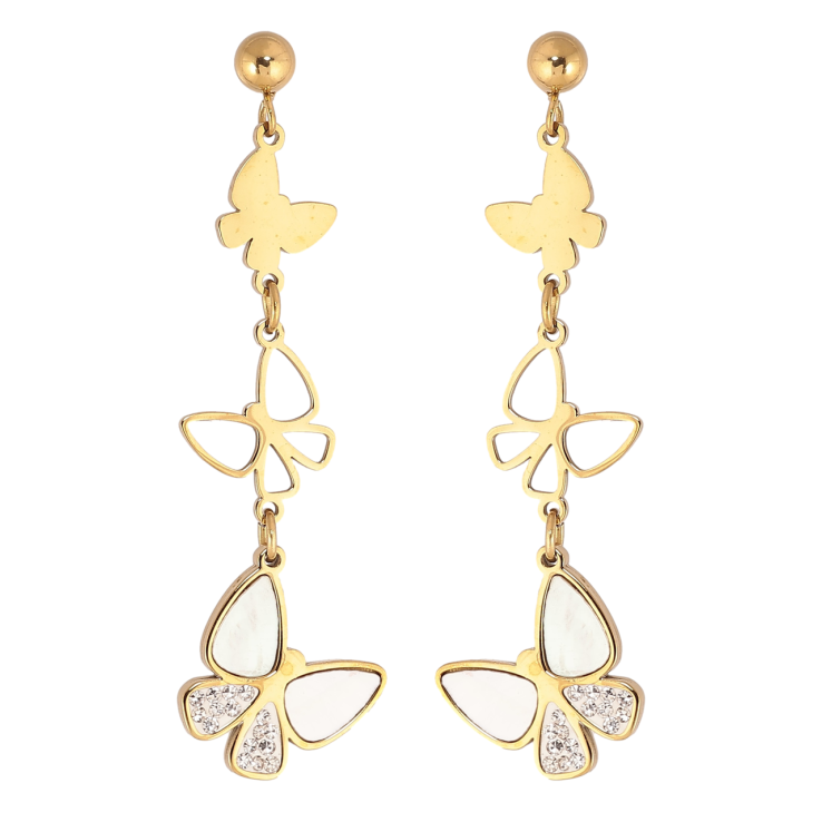 Сережки Xuping TTM Stainless Steel колір 14К пусети «Метелики з кристалами та перламутровими вставками» фото №4