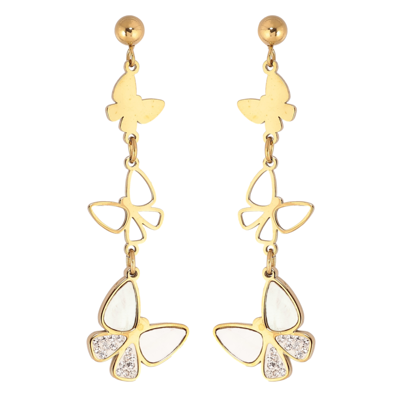 Сережки Xuping TTM Stainless Steel колір 14К пусети «Метелики з кристалами та перламутровими вставками» фото №1