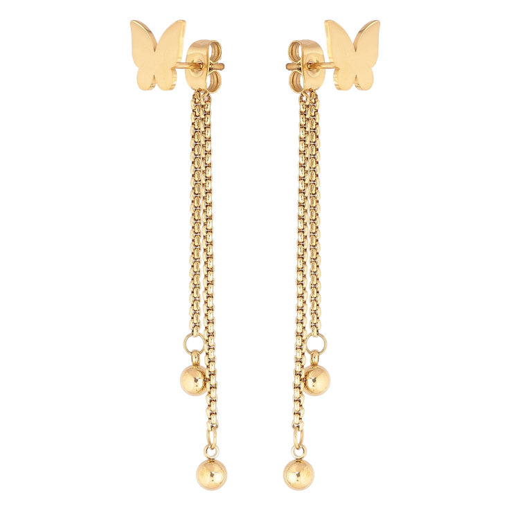 Сережки Xuping TTM Stainless Steel колір 14К пусети-джекети «Метелики з кульками на ланцюжках» фото №10