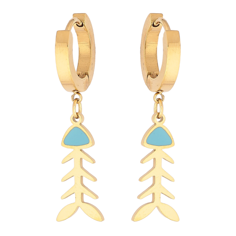 Серьги Xuping TTM Stainless Steel цвет 14К подвески на колечках Рыбные скелеты с голубой эмалью фото №1