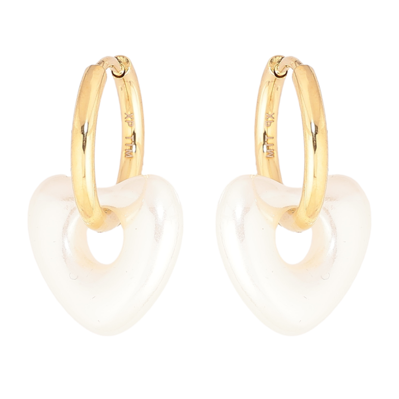 Серьги Xuping TTM Stainless Steel цвет 14К подвески на колечках Белые керамические сердечки 2 в 1 фото №1