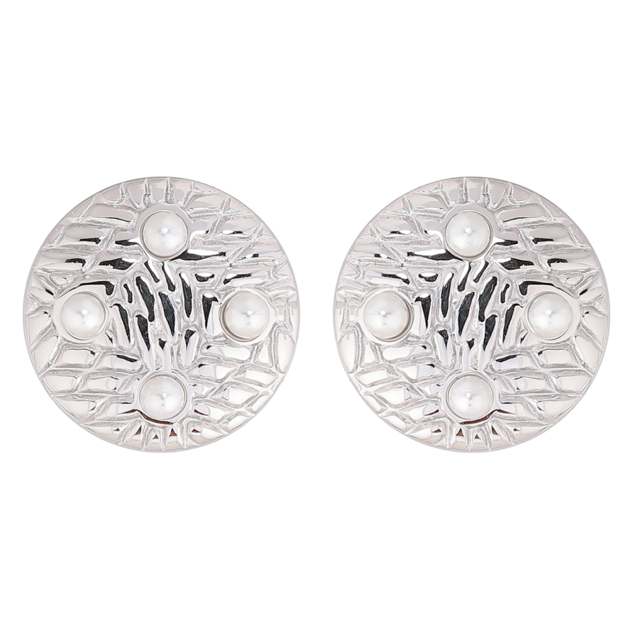 Сережки Xuping TTM Stainless Steel колір Родій пусети «Кола з візерунком і перлинками» ø 18мм фото №1