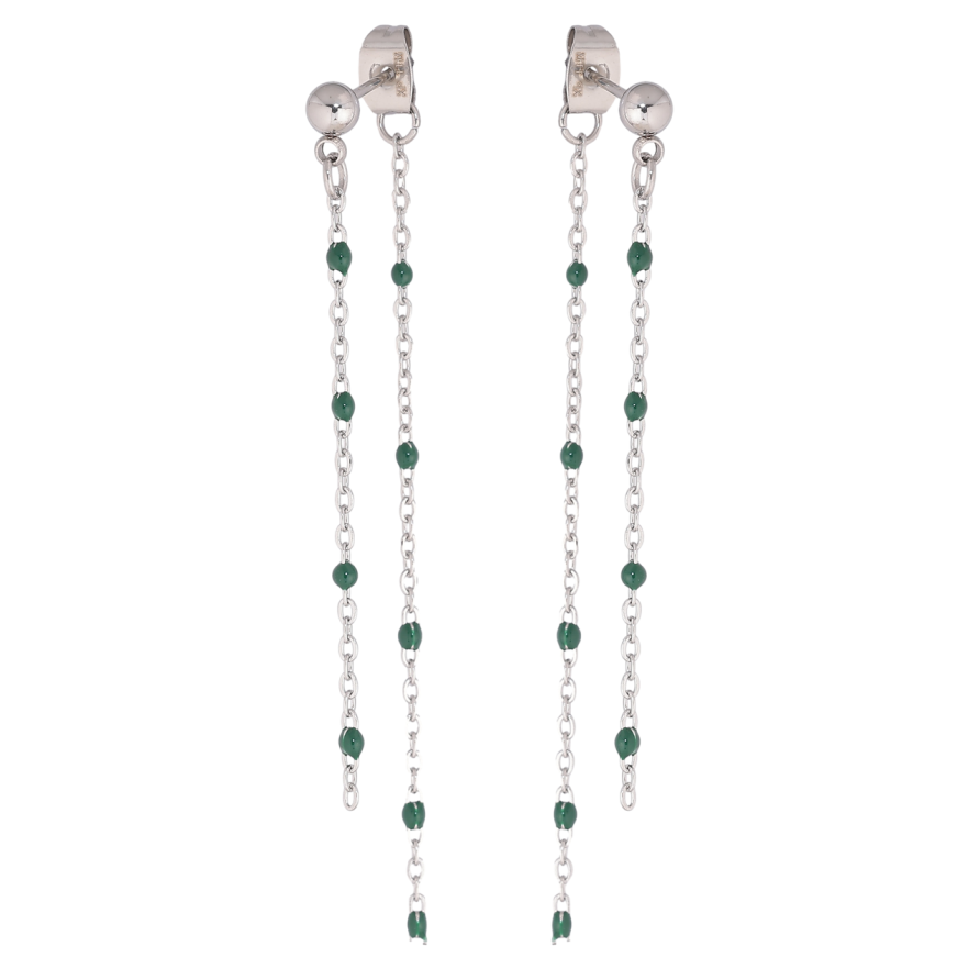 Сережки Xuping TTM Stainless Steel колір Родій пусети-джекети «Підвіски ланцюжки з зеленою емаллю» фото №1 Сережки Xuping TTM Stainless Steel колір Родій пусети-джекети «Підвіски ланцюжки з зеленою емаллю» фото №1