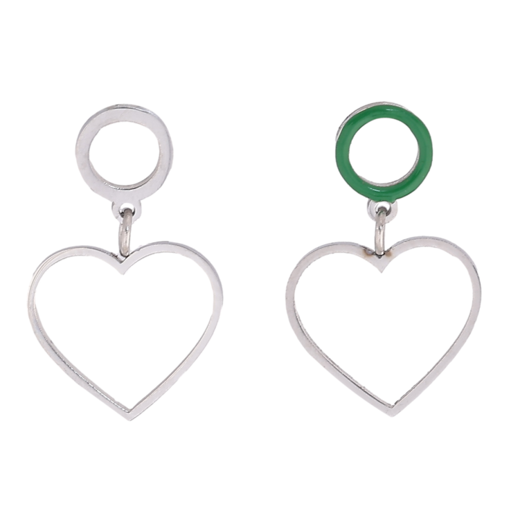 Сережки Xuping TTM Stainless Steel колір Родій пусети «Асиметричні сердечка з зеленою емаллю» фото №20