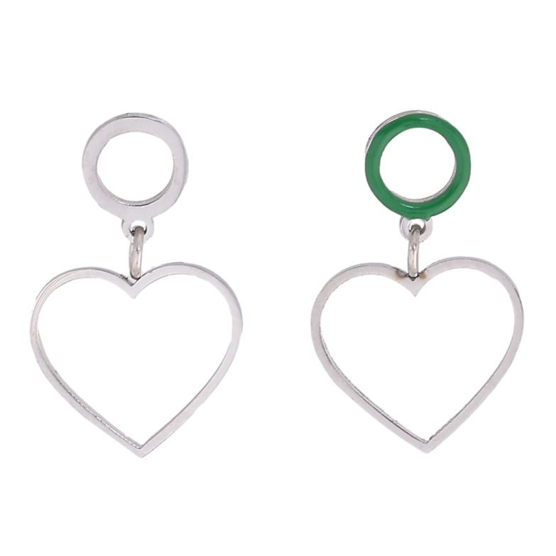 Сережки Xuping TTM Stainless Steel колір Родій пусети «Асиметричні сердечка з зеленою емаллю» фото №15