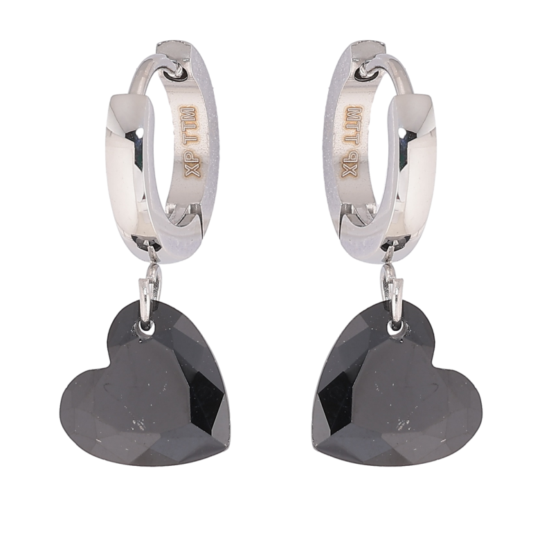 Сережки Xuping TTM Stainless Steel колір Родій підвіски на колечках «Чорні кришталеві сердечка» фото №1