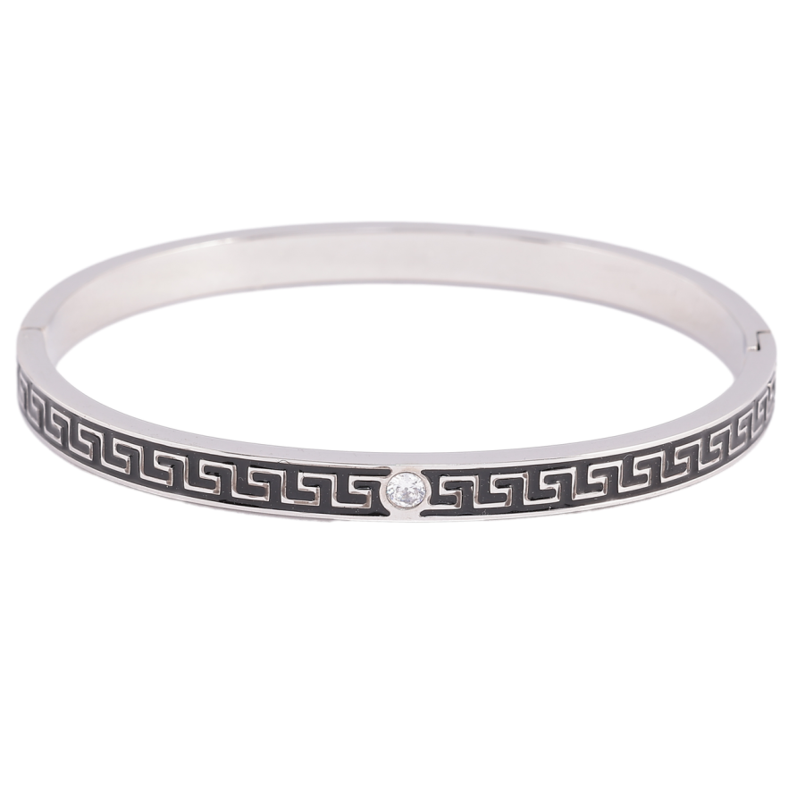 Браслет Xuping ТТМ Stainless Steel колір Родій «Грецький візерунок з чорною емаллю і кристалом» ø 5.7см фото №1