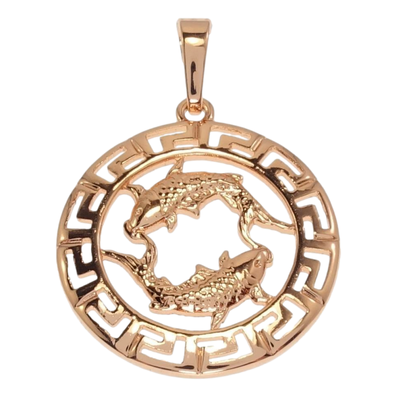 Кулон Xuping Позолота РВ Круглий Медальйон Знак Зодіаку Риби з меандровим візерунком фото №1 Кулон Xuping Позолота РВ Круглий Медальйон Знак Зодіаку Риби з меандровим візерунком фото №1