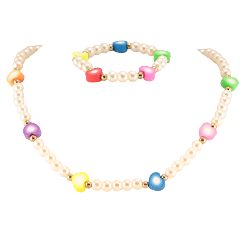 Набір дитячий Xuping TTM Stainless Steel Колір 14К Кольє Браслет Перлинні намистини та кольорові сердечка на резинці фото №1