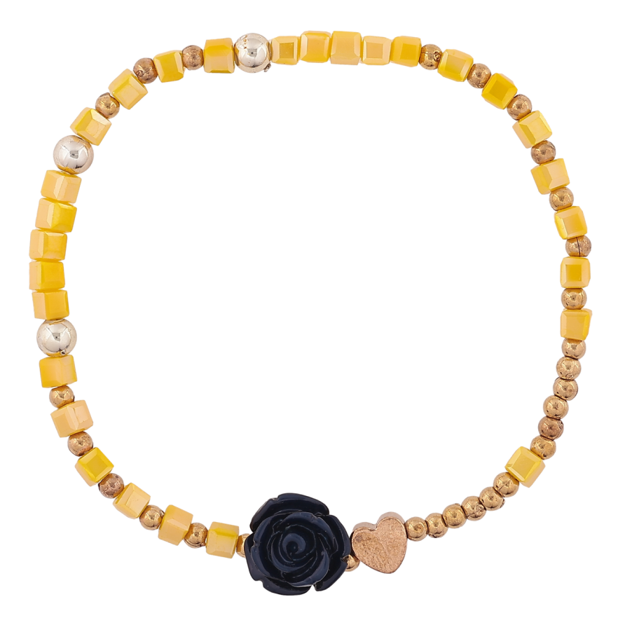 Браслет на гумці «Жовто-золотисті намистини зі вставкою квіточка та сердечко, ø 3мм» вільний розмір фото №1 Браслет на гумці «Жовто-золотисті намистини зі вставкою квіточка та сердечко, ø 3мм» вільний розмір фото №1