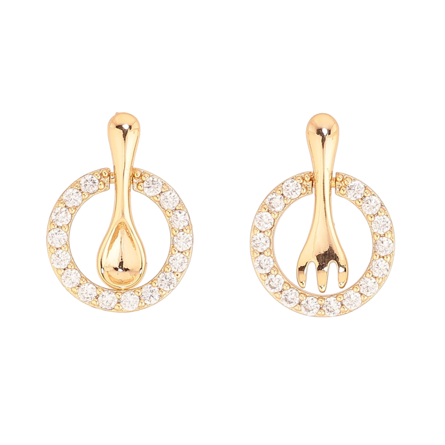 Сережки Xuping Позолота 18K пусети «Ложка з виделкою в колечках кристалів» фото №1 Сережки Xuping Позолота 18K пусети «Ложка з виделкою в колечках кристалів» фото №1