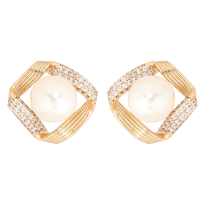 Серьги Xuping Позолота 18K пусеты Ромбы с инкрустацией кристаллами и жемчужинами фото №1 Серьги Xuping Позолота 18K пусеты Ромбы с инкрустацией кристаллами и жемчужинами фото №1