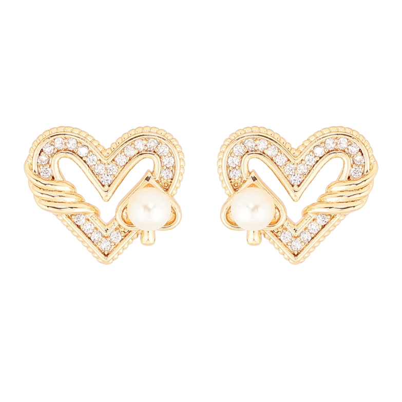 Серьги Xuping Позолота 18K пусеты Сердечки с кристаллами и жемчужными пиками фото №1