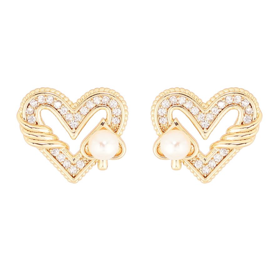 Серьги Xuping Позолота 18K пусеты Сердечки с кристаллами и жемчужными пиками фото №1
