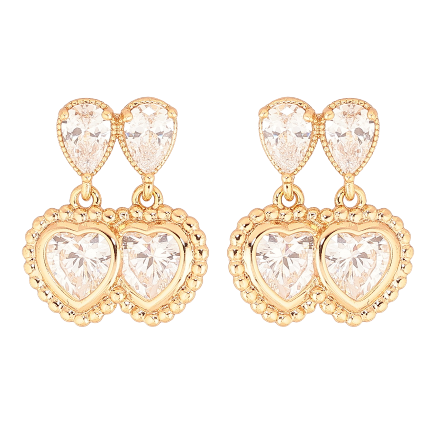 Серьги Xuping Позолота 18K пусеты Двойные кристальные сердечки фото №1