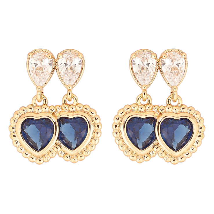 Серьги Xuping Позолота 18K пусеты Двойные синие кристальные сердечки фото №5 Серьги Xuping Позолота 18K пусеты Двойные синие кристальные сердечки фото №5