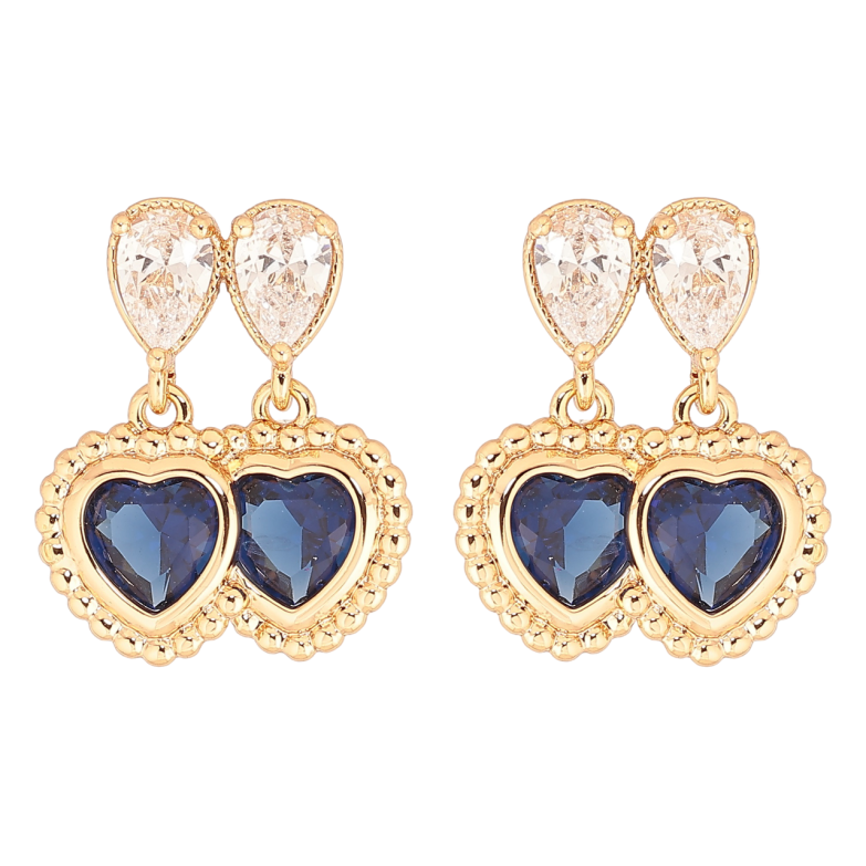 Серьги Xuping Позолота 18K пусеты Двойные синие кристальные сердечки фото №1