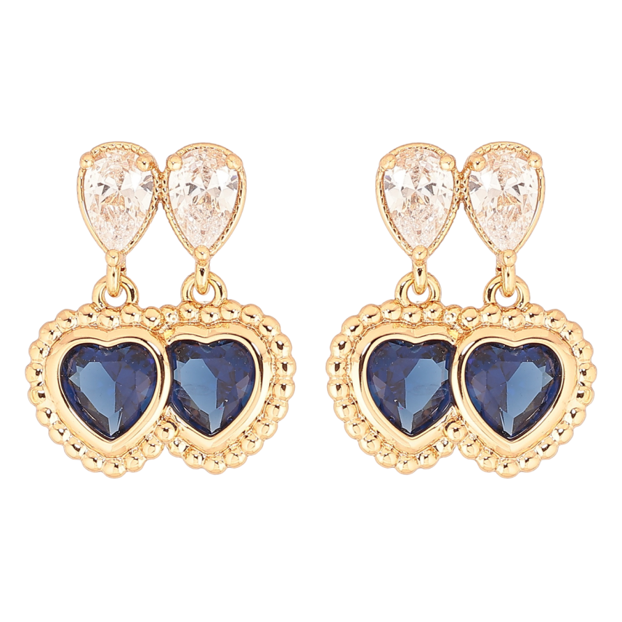 Серьги Xuping Позолота 18K пусеты Двойные синие кристальные сердечки фото №1