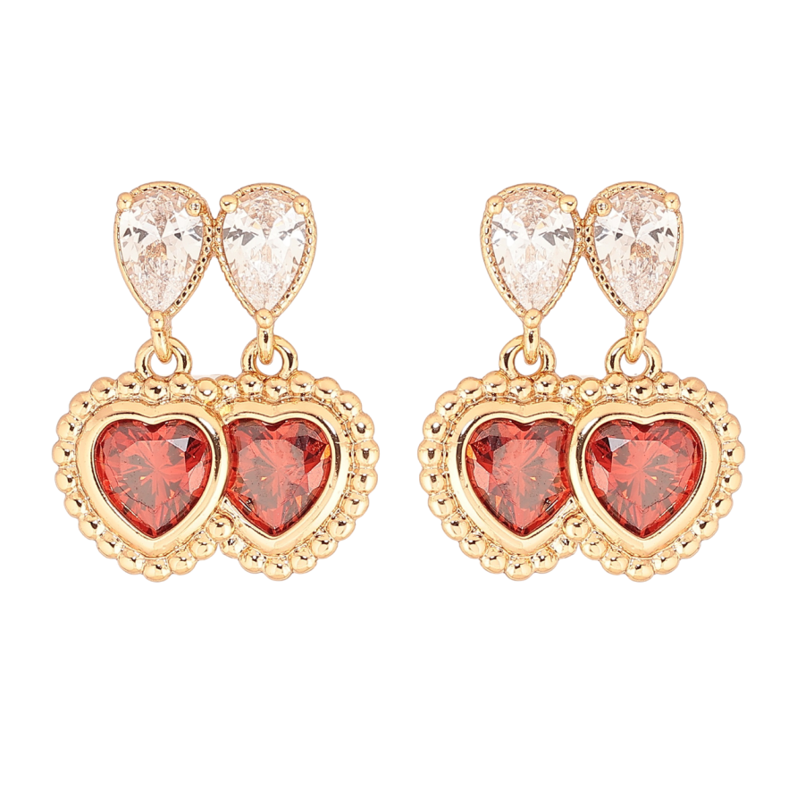 Серьги Xuping Позолота 18K пусеты Двойные красные кристальные сердечки фото №1 Серьги Xuping Позолота 18K пусеты Двойные красные кристальные сердечки фото №1
