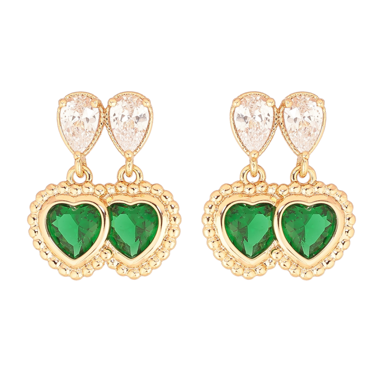 Сережки Xuping Позолота 18K пусети «Подвійні зелені кристальні сердечка» фото №1 Сережки Xuping Позолота 18K пусети «Подвійні зелені кристальні сердечка» фото №1