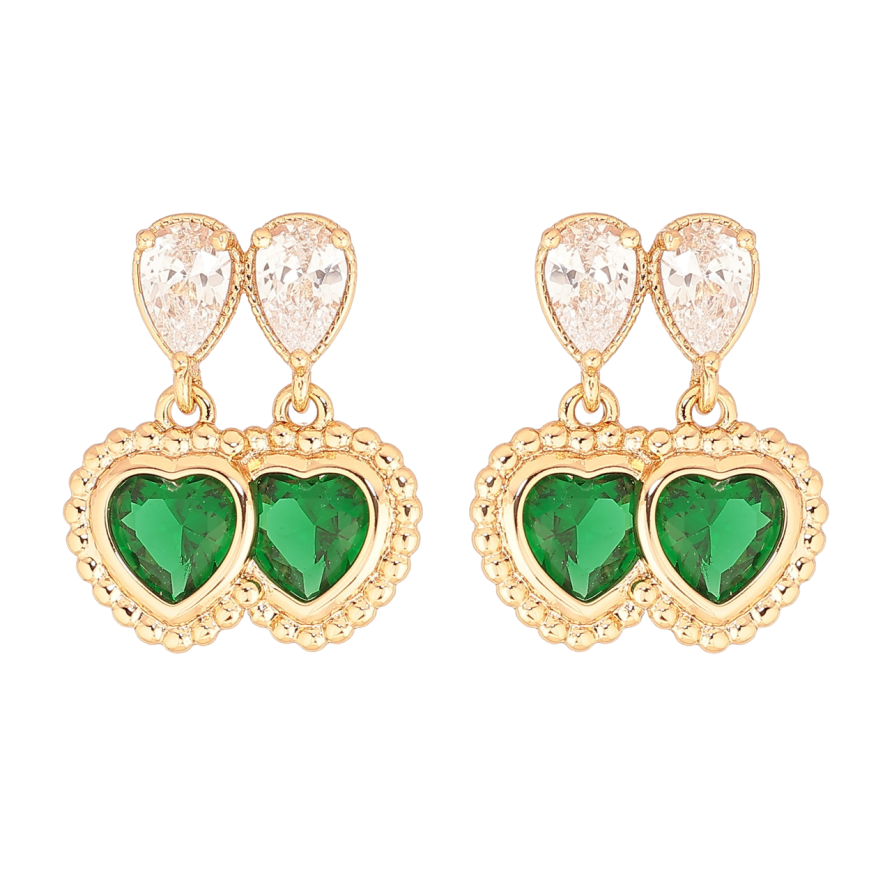 Серьги Xuping Позолота 18K пусеты Двойные зеленые кристальные сердечки фото №1