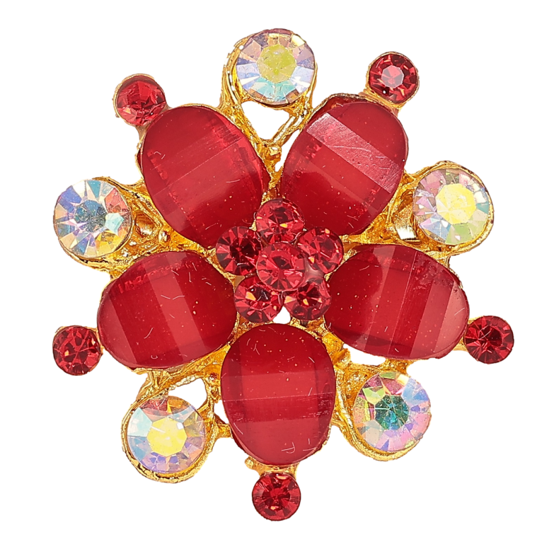 Брошь Цветок с красными и радужными кристаллами фото №1