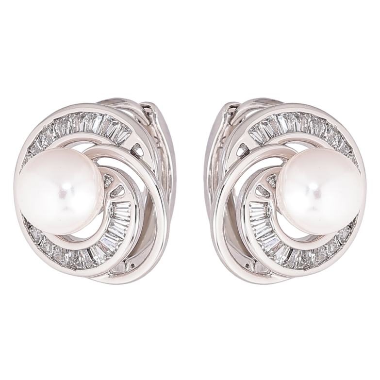 Серьги Xuping Родий колечки Спиральный узор с кристаллами и жемчужинами фото №1