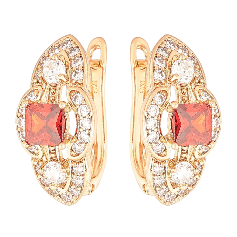 Серьги Xuping Позолота 18K английский замок Декоративный узор с красными кристаллами и инкрустацией фото №1 Серьги Xuping Позолота 18K английский замок Декоративный узор с красными кристаллами и инкрустацией фото №1