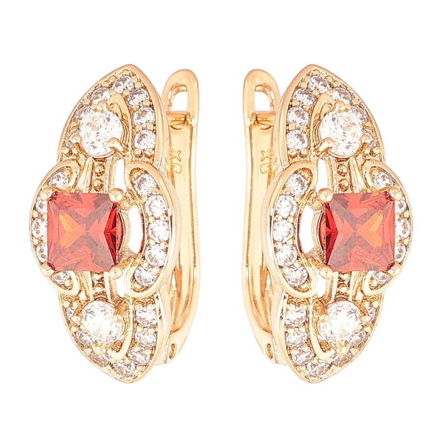Серьги Xuping Позолота 18K английский замок Декоративный узор с красными кристаллами и инкрустацией фото №1 Серьги Xuping Позолота 18K английский замок Декоративный узор с красными кристаллами и инкрустацией фото №1