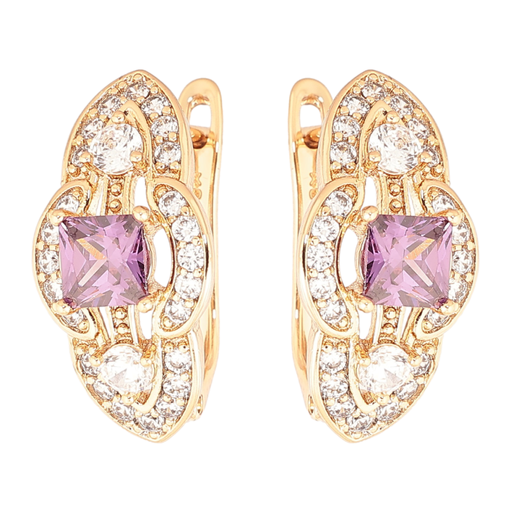 Серьги Xuping Позолота 18K английский замок Декоративный узор с сиреневыми кристаллами и инкрустацией фото №22