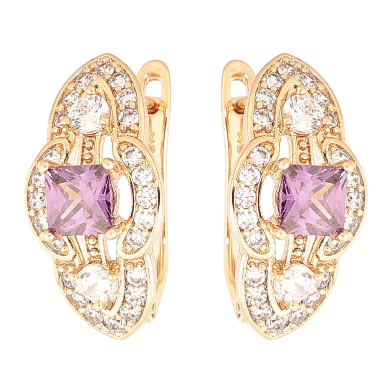 Сережки Xuping Позолота 18K англійський замок «Декоративний візерунок з бузковими кристалами та інкрустацією» фото №3 Сережки Xuping Позолота 18K англійський замок «Декоративний візерунок з бузковими кристалами та інкрустацією» фото №3