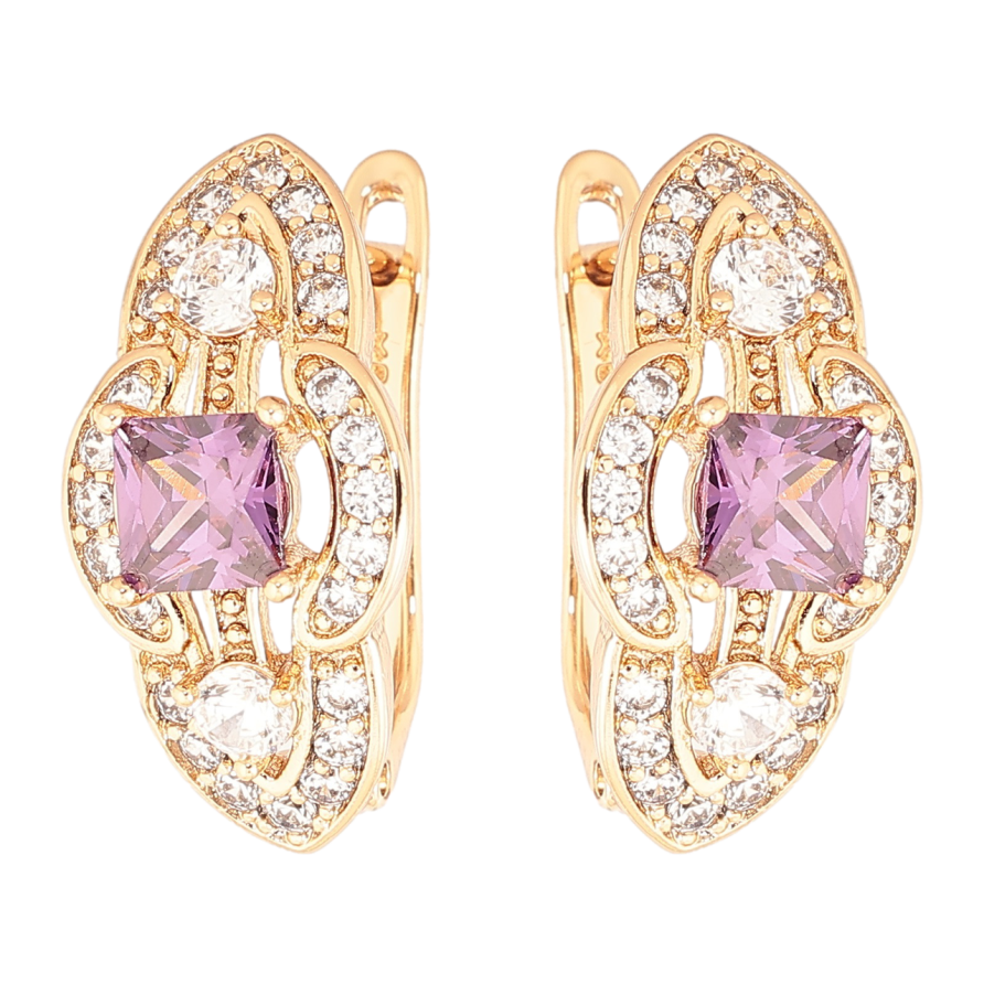 Серьги Xuping Позолота 18K английский замок Декоративный узор с сиреневыми кристаллами и инкрустацией фото №1 Серьги Xuping Позолота 18K английский замок Декоративный узор с сиреневыми кристаллами и инкрустацией фото №1