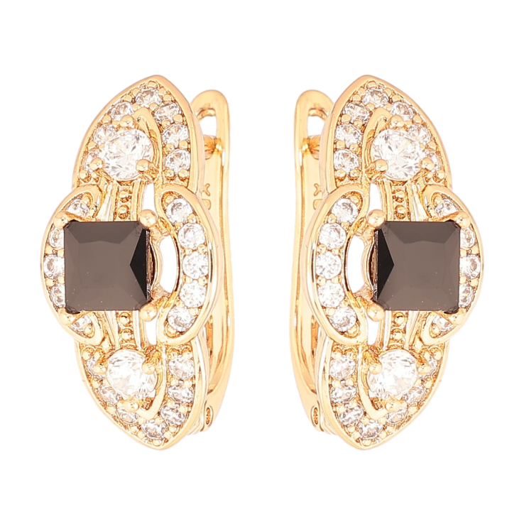 Серьги Xuping Позолота 18K английский замок Декоративный узор с черными кристаллами и инкрустацией фото №21