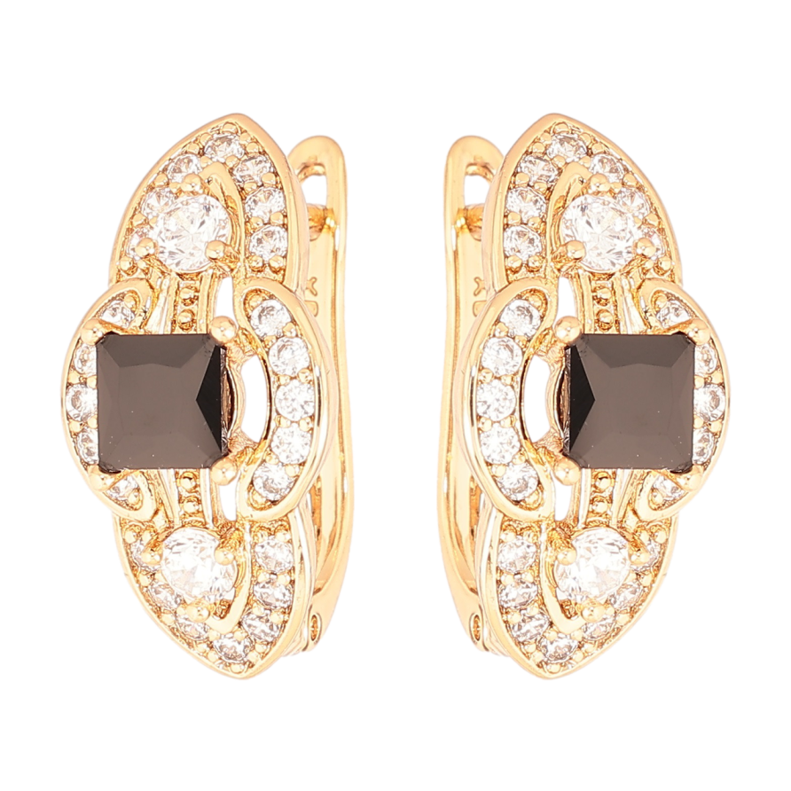 Серьги Xuping Позолота 18K английский замок Декоративный узор с черными кристаллами и инкрустацией фото №1 Серьги Xuping Позолота 18K английский замок Декоративный узор с черными кристаллами и инкрустацией фото №1