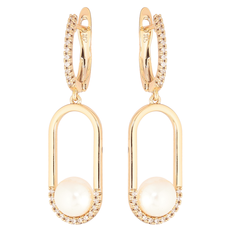 Серьги Xuping Позолота 18K английский замок Овальные подвески с кристаллами и жемчужинами фото №7