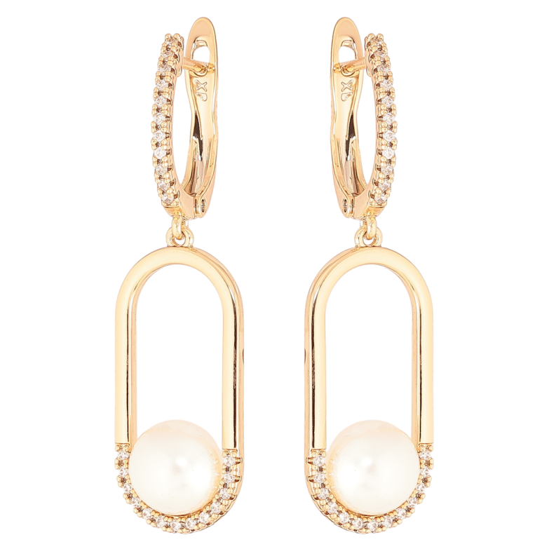 Сережки Xuping Позолота 18K англійський замок «Овальні підвіски з кристалами та перлинами» фото №1