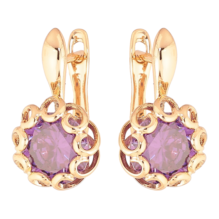 Серьги Xuping Позолота 18K английский замок Сиреневые кристаллы в декоративной оправе фото №18